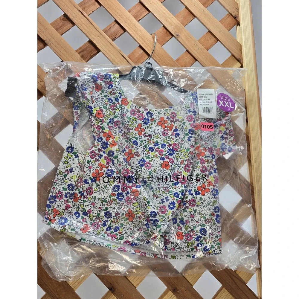 NWT‎ Tommy Hilfiger Women's Knotted Printed Swim Top - Sz XXL - White Multicolor